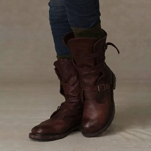 WOMEN VINTAGE RIDING BOOTS CASUAL CHIC BUCKLE BOOTS