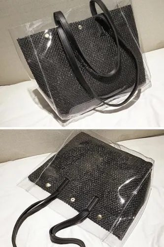 Women's Causal Snap PVC Woven Straw Tote Bag