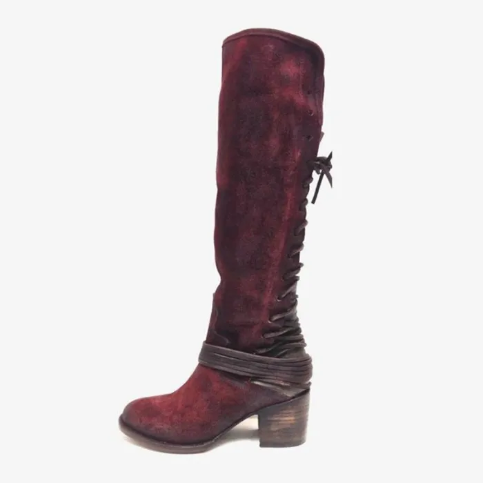 Women Vintage Lace Up Boots European Style Bandage Above Knee Boots