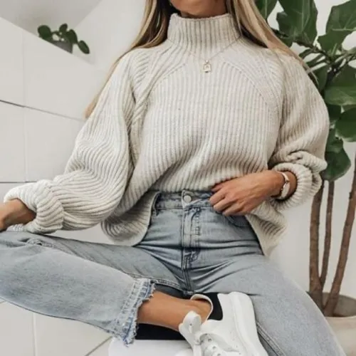 Casual High Collar Solid Color Pit Loose Knit Sweater