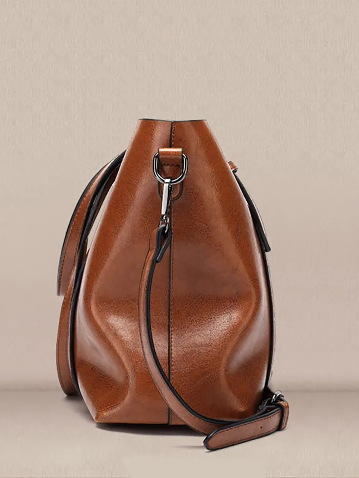 Women Oil Leather Tote Casual Front Pockets Crossbody Bags Handbags