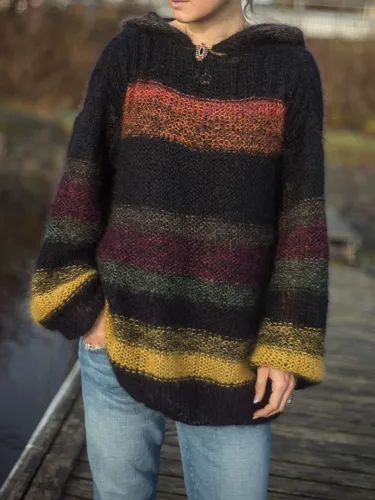 Color-Block Striped Hooded Women's Sweaters