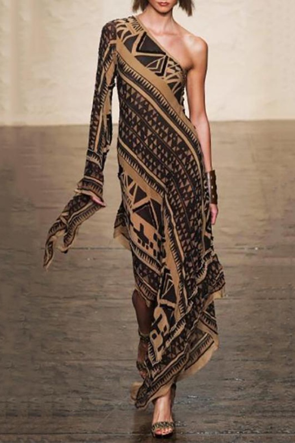 One-Shoulder Fashion Elegant Floral Printed Evening Dress