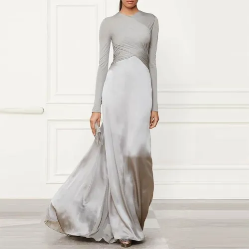 Pure Color Stitching Long Sleeve Evening Dress
