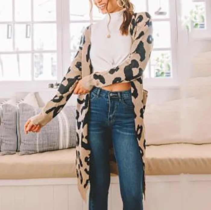 Women's Fashion Long Sleeve Printed Color Midi Knit Cardigan