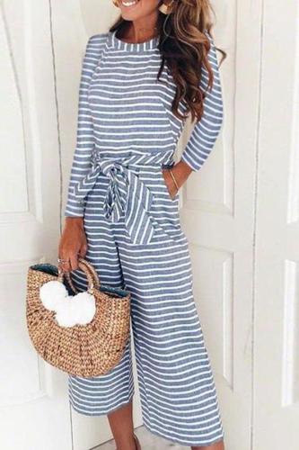 Long-Sleeved Striped Print Jumpsuits