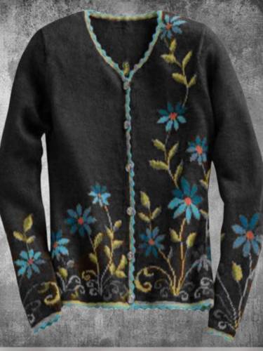 Long Sleeve Cotton-blend Crew Neck Casual Floral Vintage Knitted Cardigans
