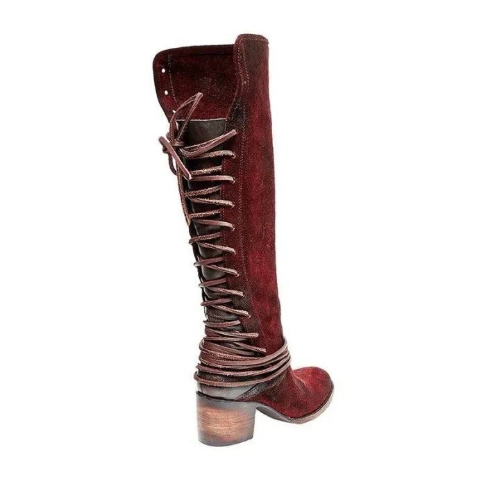 Women Vintage Lace Up Boots European Style Bandage Above Knee Boots