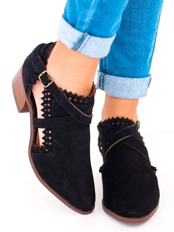 Scalloped Booties Low Heel Hollow-out Buckle Strap Boots