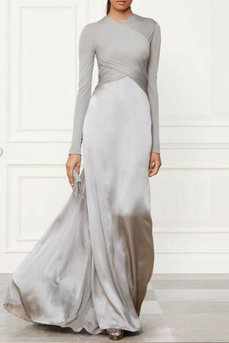 Pure Color Stitching Long Sleeve Evening Dress