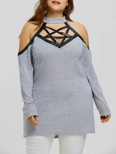 Cotton Patchwork Straped Hollow-up Sexy Paneled Long Sleeve Sweaters