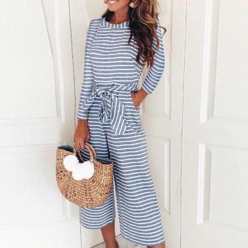 Long-Sleeved Striped Print Jumpsuits