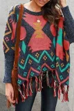 Multicolor Long Sleeve Tribal Fringed Cotton-Blend Sweaters
