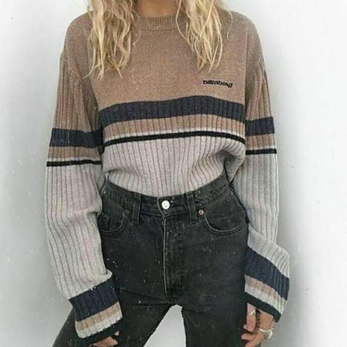 Casual Round Neck Contrast Striped Sweater