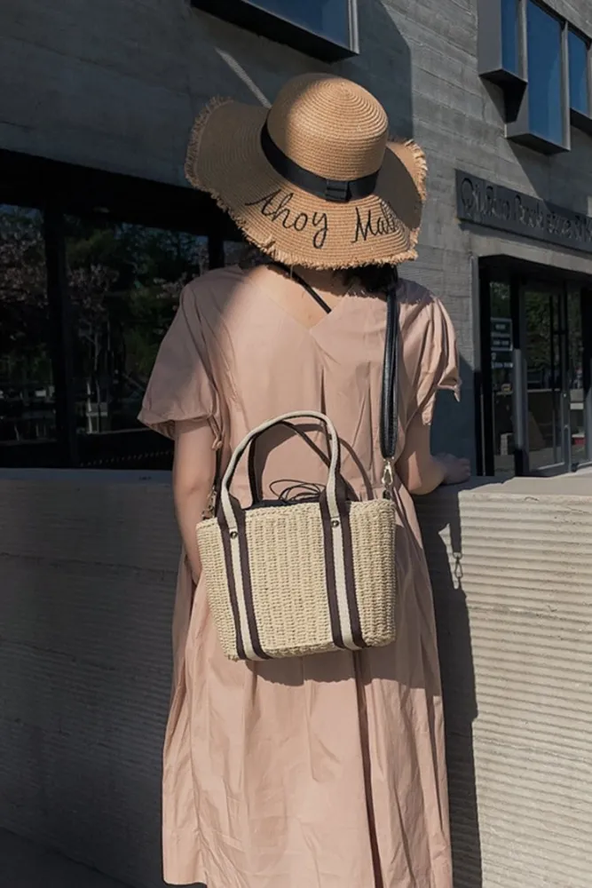 Women's Beach Pull Rope Woven Straw Sling Bag Handbag