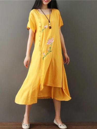 cotton line vintage embroidery floral short sleeve A-Line maxi dress