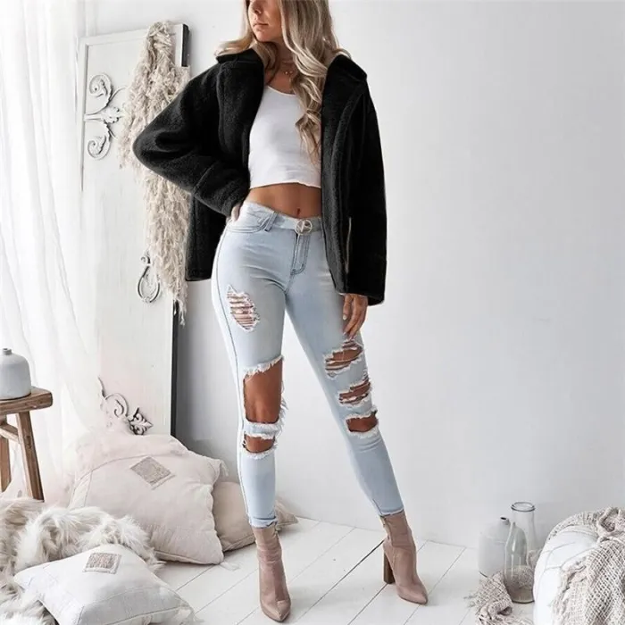 Fashion Zipper Pocket   Lapel Cardigan Long Sleeve Jacket Coat