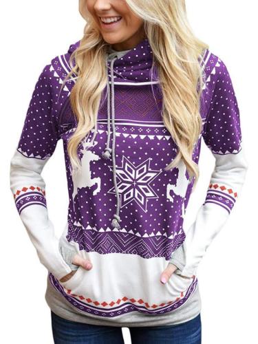 Women Christmas Zippered Printed Pocket Hooded Girl Snowflake long sleeve Sweatshirt