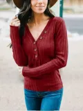 V Neck Casual Buttoned Solid Sweatershirt
