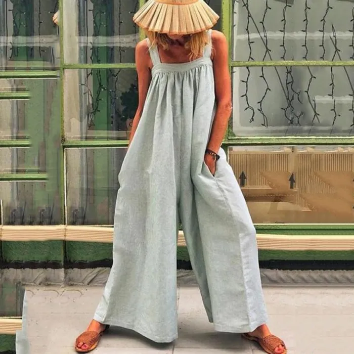 Casual Solid Sleeveless Spaghetti Jumpsuit Wide Leg Pants