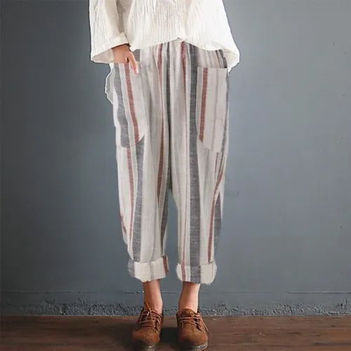 Plus Size Cotton Linen Loose High Waist Stripe Pocket Pant