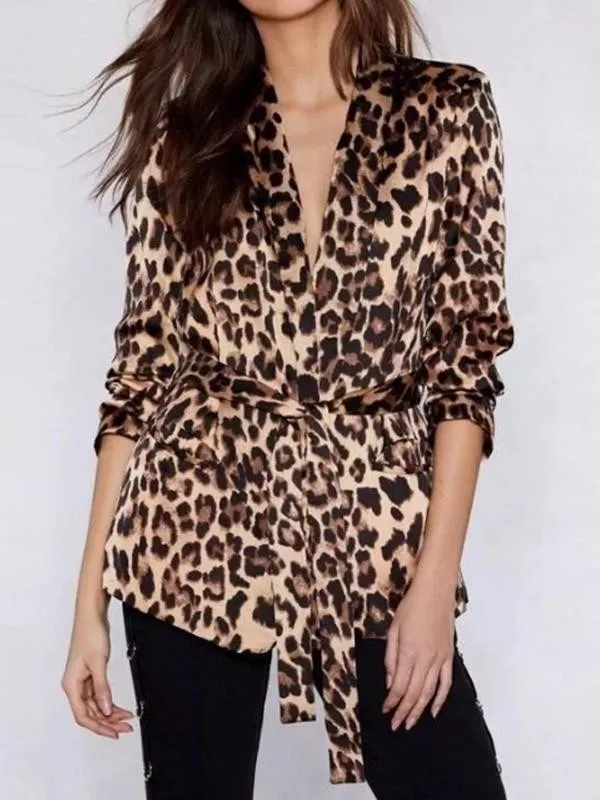 Fashion Leopard Print Long Sleeve Belt Coat