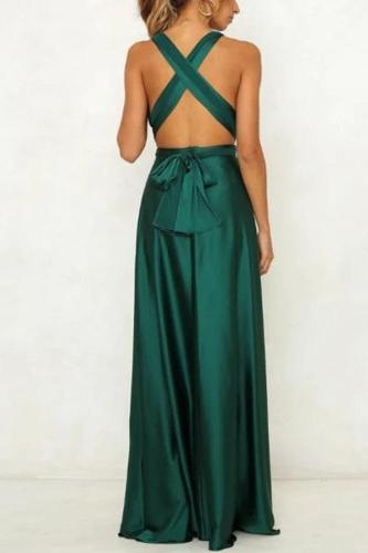 Sexy Deep V-Neck Backless Pure Color Long Dress