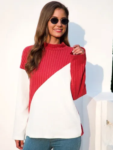 Color-Block Paneled Long Sleeve Stand Collar Shift Sweaters