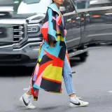 Fashion Multi Color Blocking Long Sleeve Coat