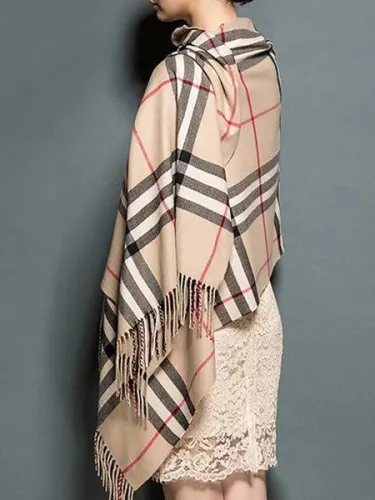Khaki Checkered/Plaid Cashmere Elegant Scarf