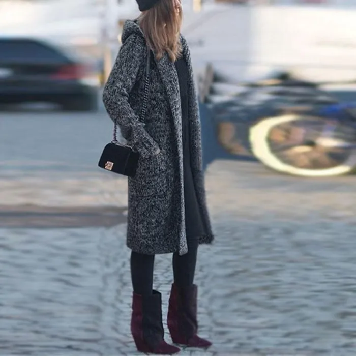 Long Solid Color Loose Hooded Knit Cardigan