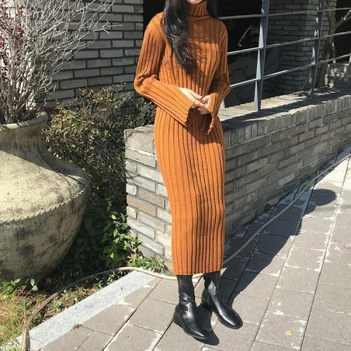 Casual Simple High   Collar Shown Thin Thickening Sweater Knitted Maxi Dress