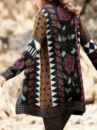 Brown Long Sleeve Geometric Printed Knitted Cardigan