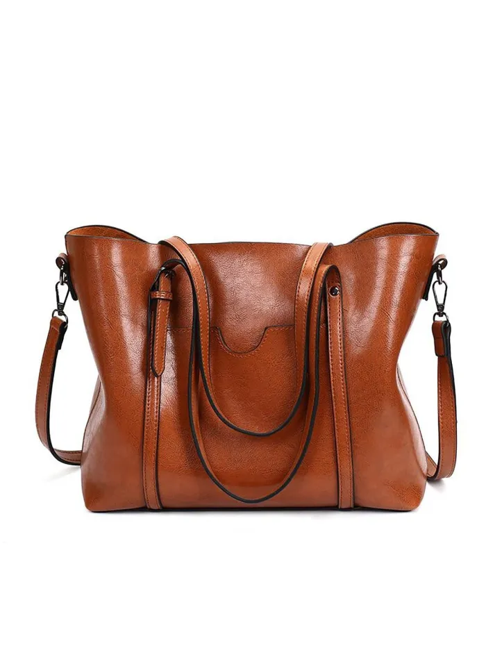 Women Oil Leather Tote Casual Front Pockets Crossbody Bags Handbags