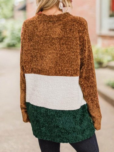 Brown Simple & Basic Fall&Winter Color-Block Knit Wear Sweaters