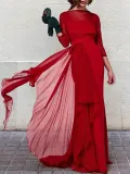 Elegant Chic Noble Slim Plain Ruffled Hem Long Sleeve Evening Dress