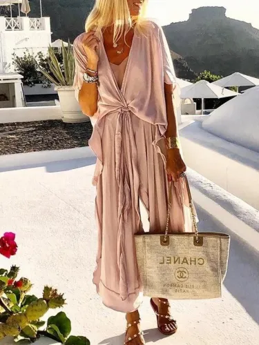 Casual Loose Tie Front V Neck Wide Leg Jumpsuit