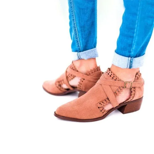 Scalloped Booties Low Heel Hollow-out Buckle Strap Boots