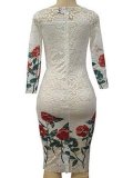 Round Neck  Floral  Blend Bodycon Dress