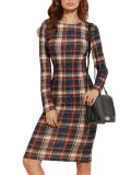 Round Collar Lattice Long Sleeve Package Hip Bodycon Dress