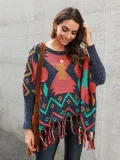 Multicolor Long Sleeve Tribal Fringed Cotton-Blend Sweaters