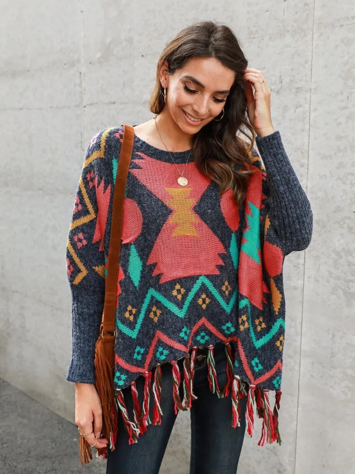 Multicolor Long Sleeve Tribal Fringed Cotton-Blend Sweaters
