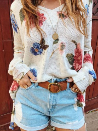 V Neck Long Sleeve Casual Floral Sweaters