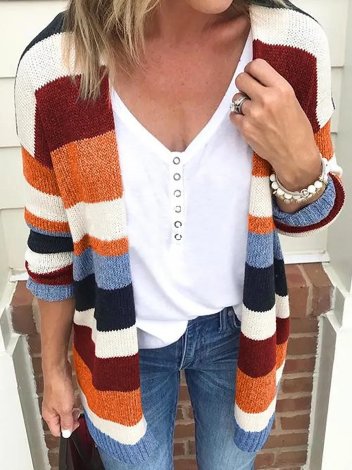 Multicolor Stripe Knitted Casual Women's Fall Cardigans