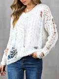 V Neck Casual Long Sleeve Ripped Sweaters