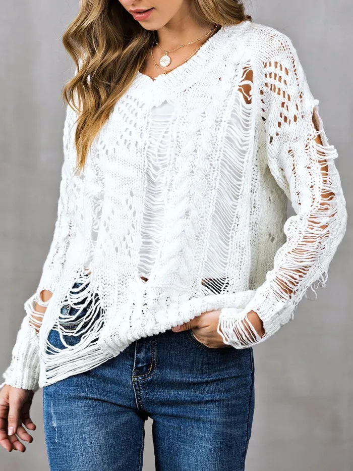 V Neck Casual Long Sleeve Ripped Sweaters
