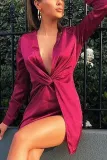 Sexy Deep V Pleated Slit Long Sleeve Bodycon Dresses
