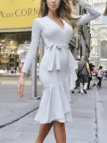 Surplice  Flounce  Belt Shimmering Powder  Tie/Dye Bodycon Dresses
