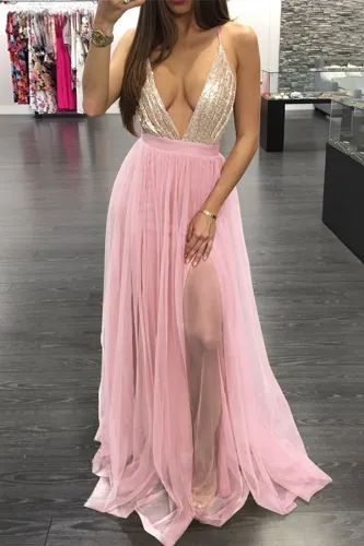 Sexy V Collar Sequined Chiffon Dress