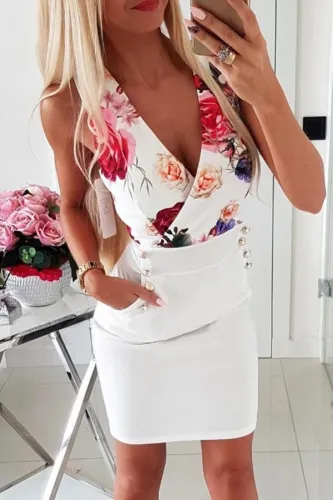 V Neck  Printed  Sleeveless  Elegant Bodycon Dresses